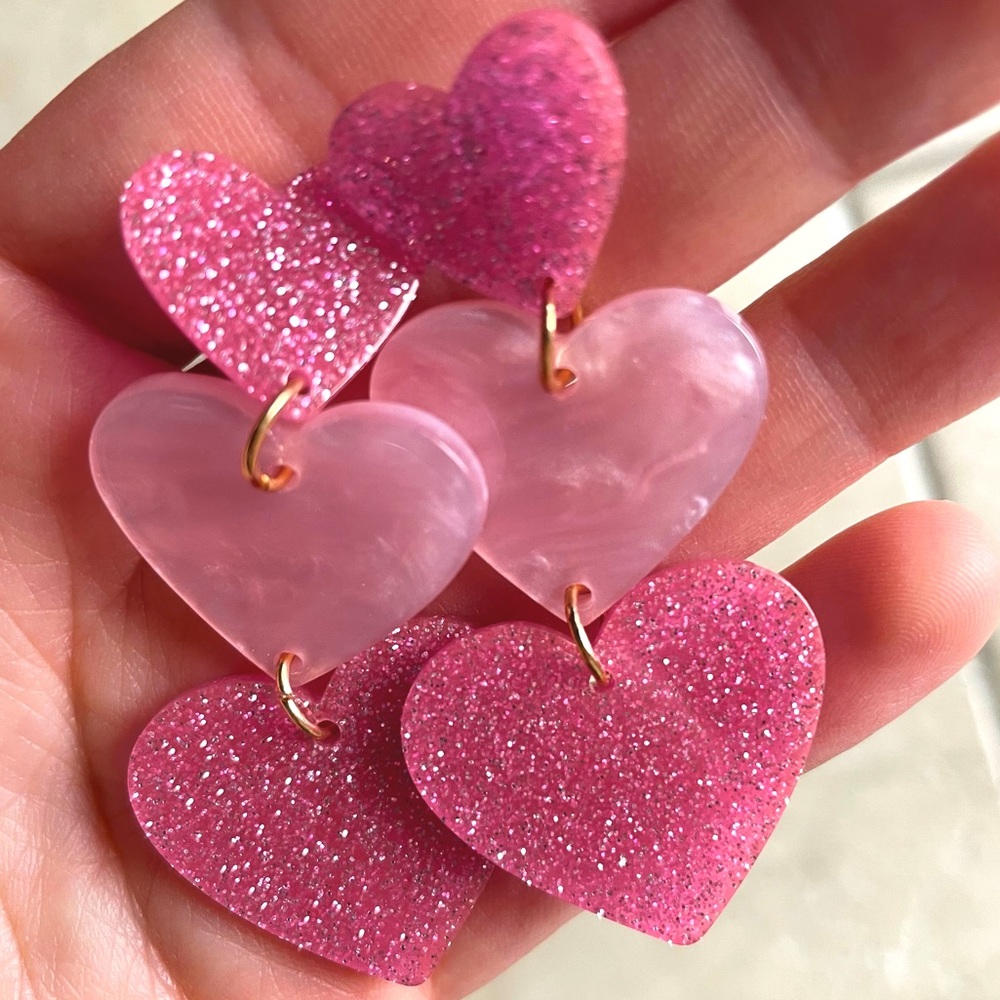 Pink Glitter Heart Dangle Earrings